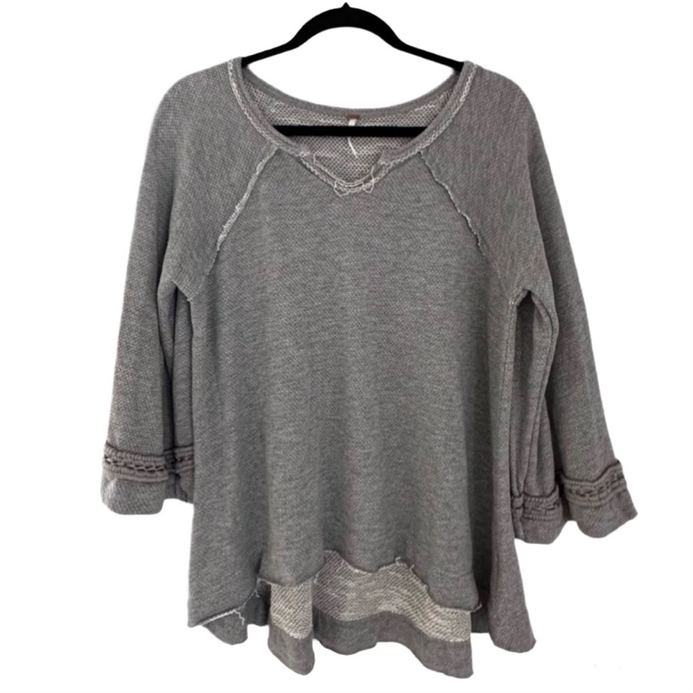 Free People Grey Textured Knit Long Sleeve Sweater (Boho/Slouchy Fit) - Size XS